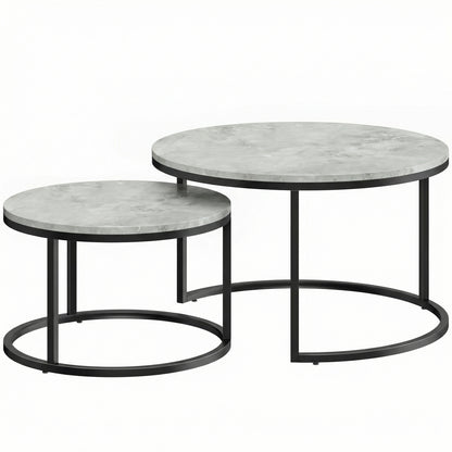 Set of 2 Nesting Round Coffee Tables — Stackable Industrial Design, Black Metal Legs, Gray Cement Top