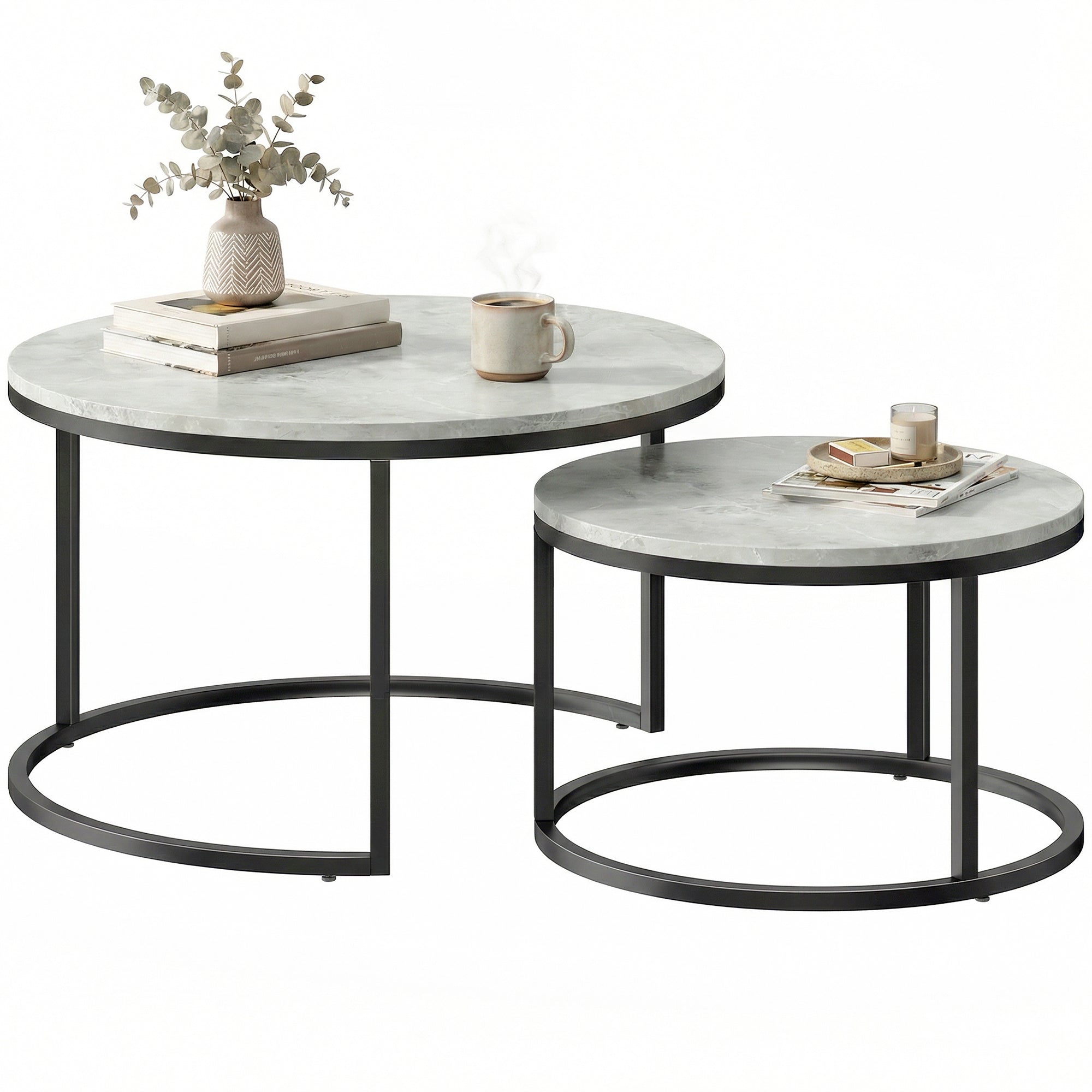 Set of 2 Nesting Round Coffee Tables — Stackable Industrial Design, Black Metal Legs, Gray Cement Top