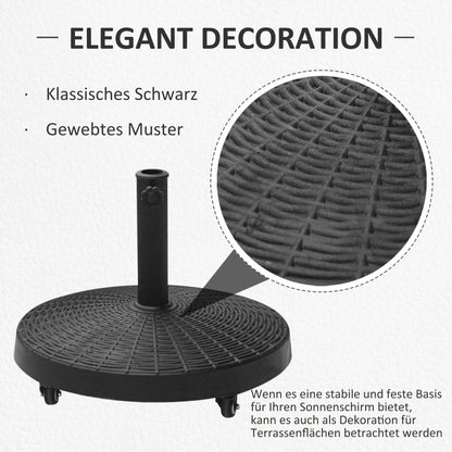 Umbrella Stand 25kg Umbrella Stand with Wheels Round Rattan-Look Base for Umbrella Poles with Ø38/48 mm Stand for Garden, Balcony, Black