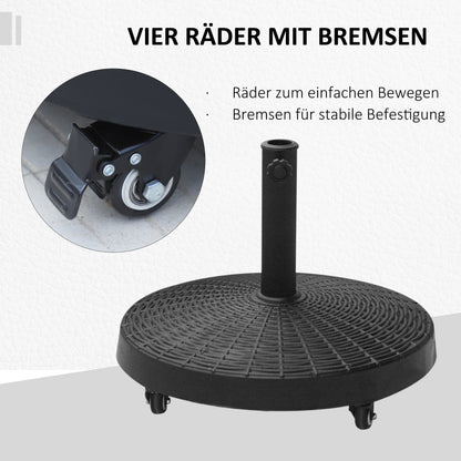 Umbrella Stand 25kg Umbrella Stand with Wheels Round Rattan-Look Base for Umbrella Poles with Ø38/48 mm Stand for Garden, Balcony, Black