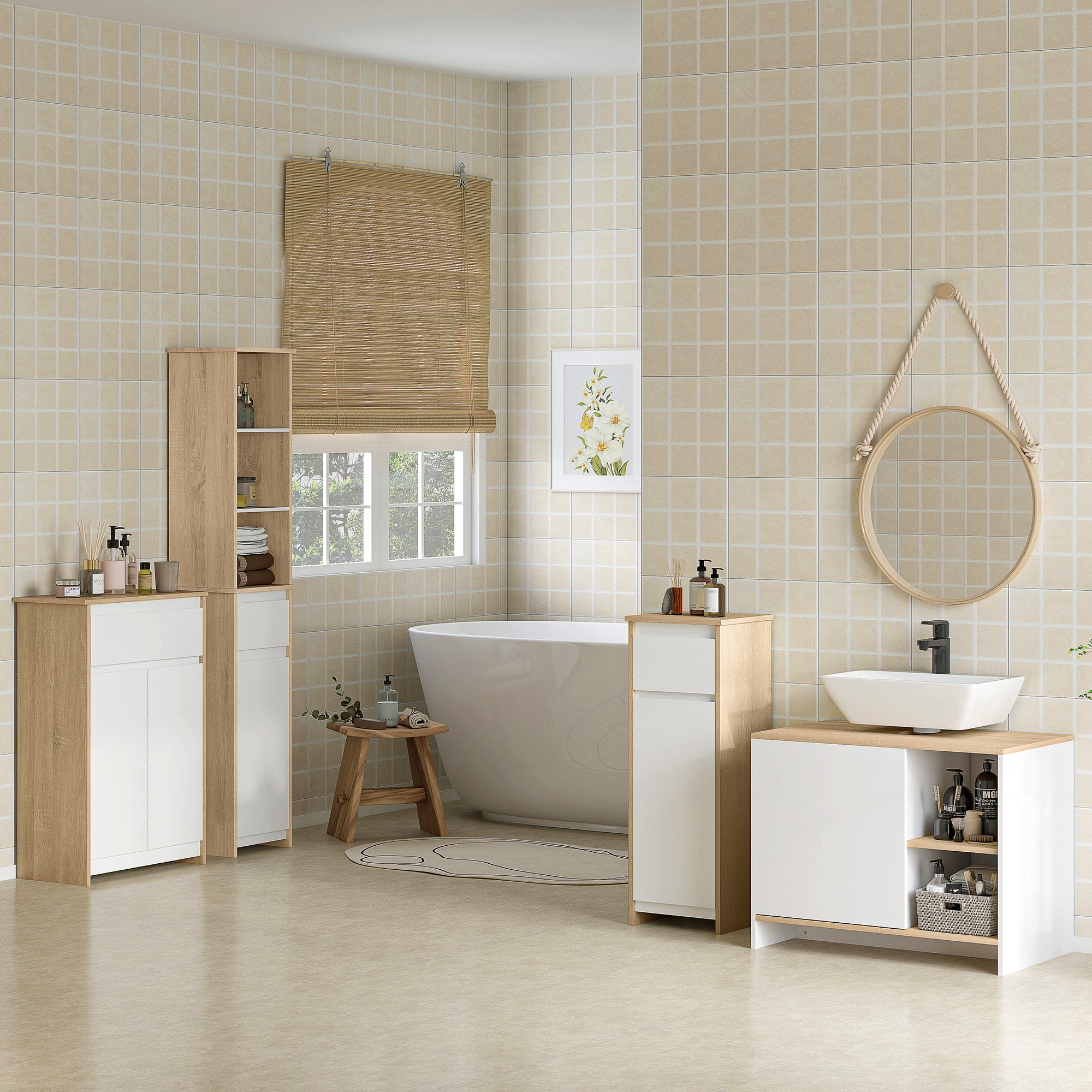 Bathroom Low Cabinet Wooden Auxiliary Furniture with Drawer and Cabinet with 2 Shelves for Living Room Bedroom Kitchen 32.6x30x90 cm Natural and White