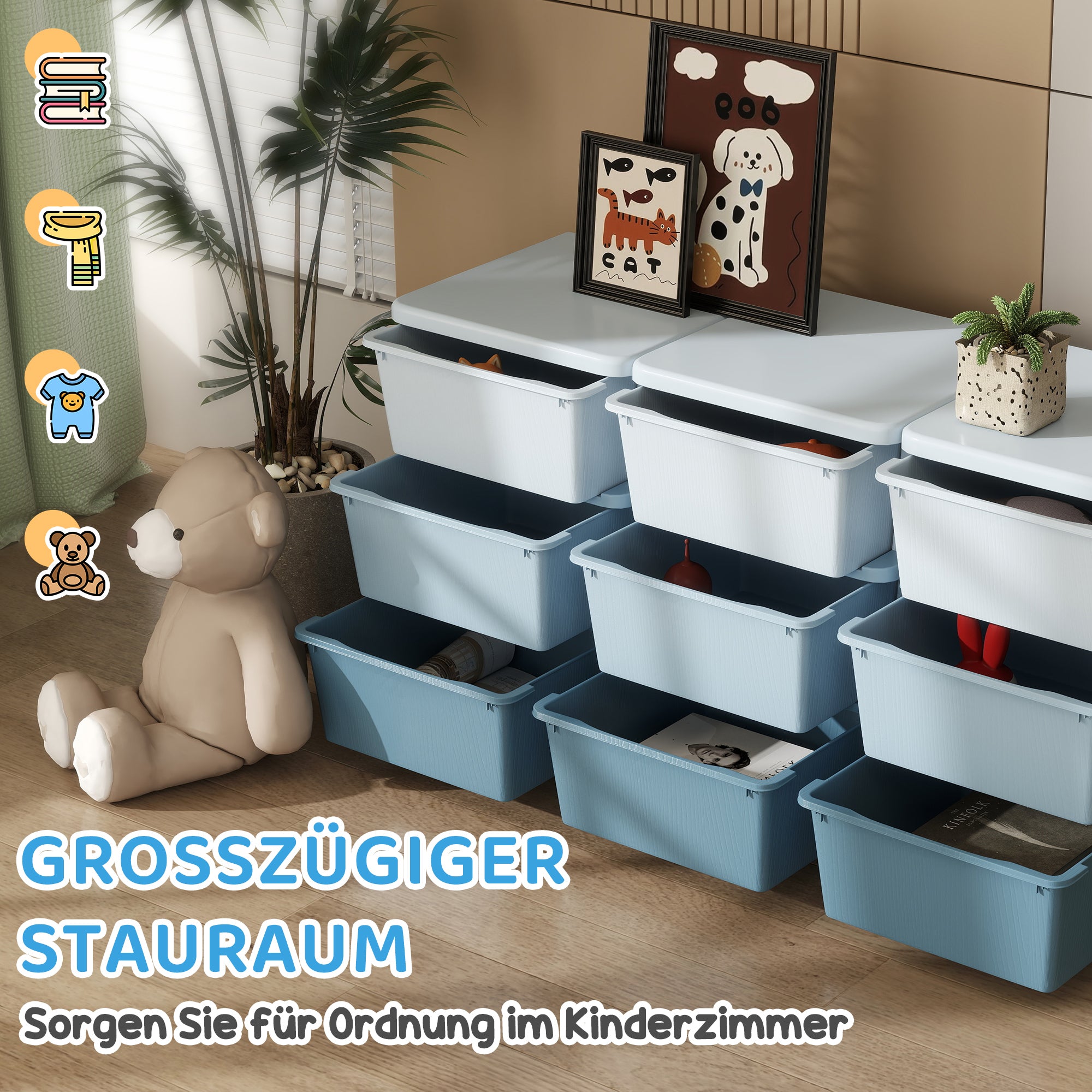9-Tier Kids Storage Drawer Chest – Toy Organizer & Storage Boxes, Blue, 113 x 37 x 56.5 cm (44.5 x 14.6 x 22.2 in) – For Ages 3–6