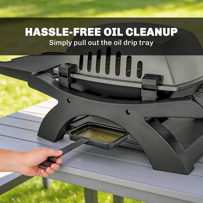3.3 kW Portable Tabletop Gas Grill — 1 Burner, Foldable Side Shelves, Cast-Iron Grates, Removable Drip Tray & Thermometer — Patio & Balcony BBQ