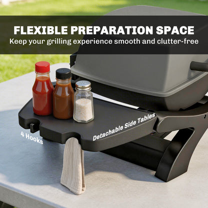 3.3 kW Portable Tabletop Gas Grill — 1 Burner, Foldable Side Shelves, Cast-Iron Grates, Removable Drip Tray & Thermometer — Patio & Balcony BBQ