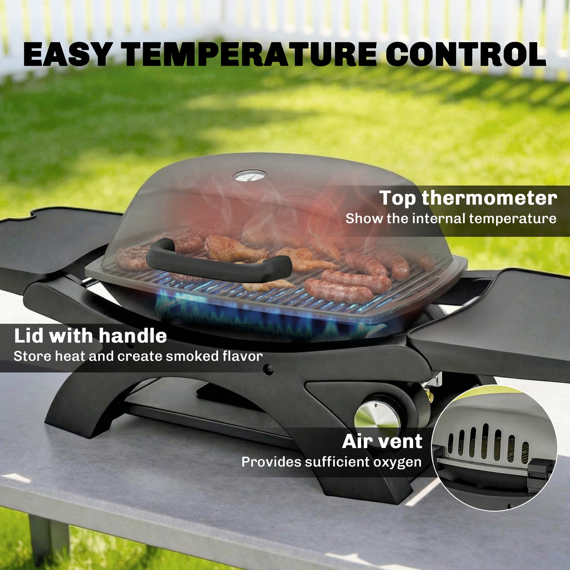 3.3 kW Portable Tabletop Gas Grill — 1 Burner, Foldable Side Shelves, Cast-Iron Grates, Removable Drip Tray & Thermometer — Patio & Balcony BBQ