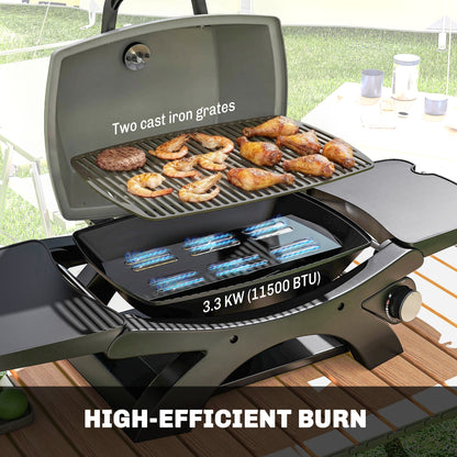 3.3 kW Portable Tabletop Gas Grill — 1 Burner, Foldable Side Shelves, Cast-Iron Grates, Removable Drip Tray & Thermometer — Patio & Balcony BBQ
