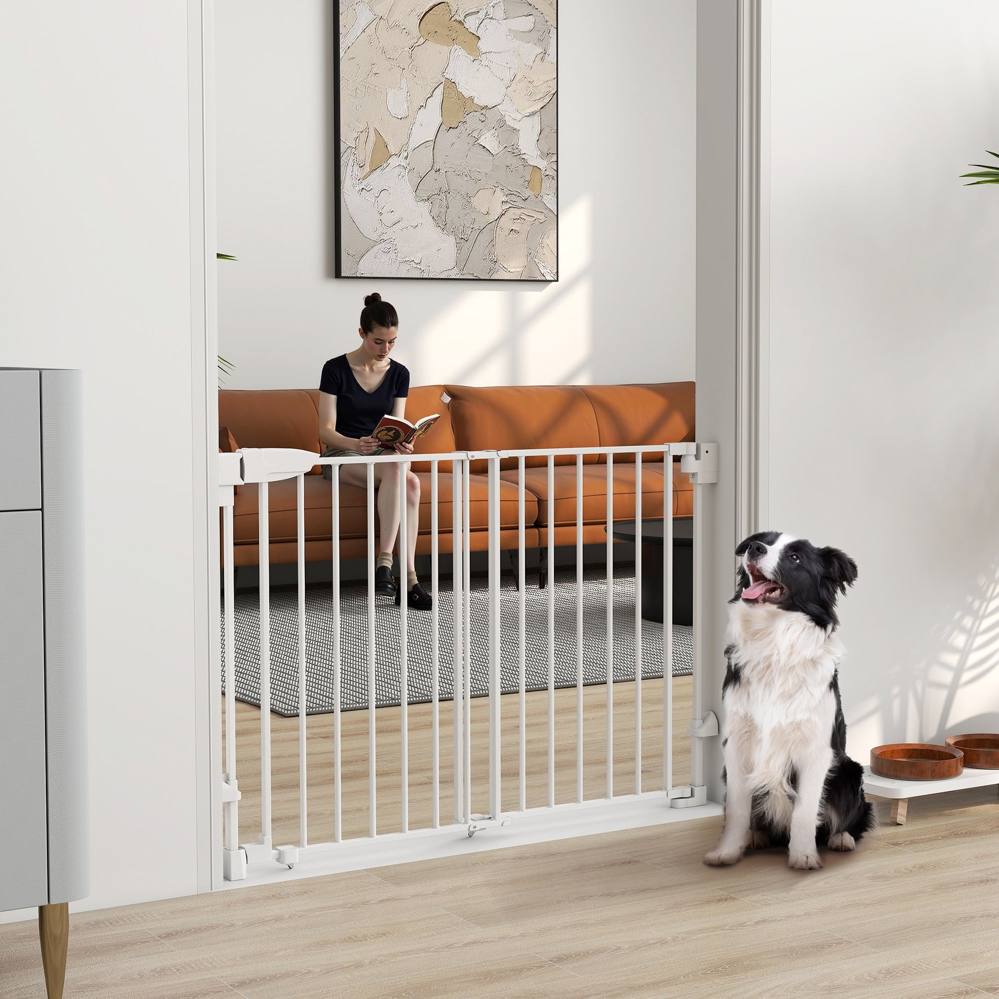 Dog Safety Gate, Adjustable 29.3–43.9 in, Pet Door for Doors & Stairs with Latch, Self-Closing, One-Hand Operation, Wall-Mounted, No-Threshold, White