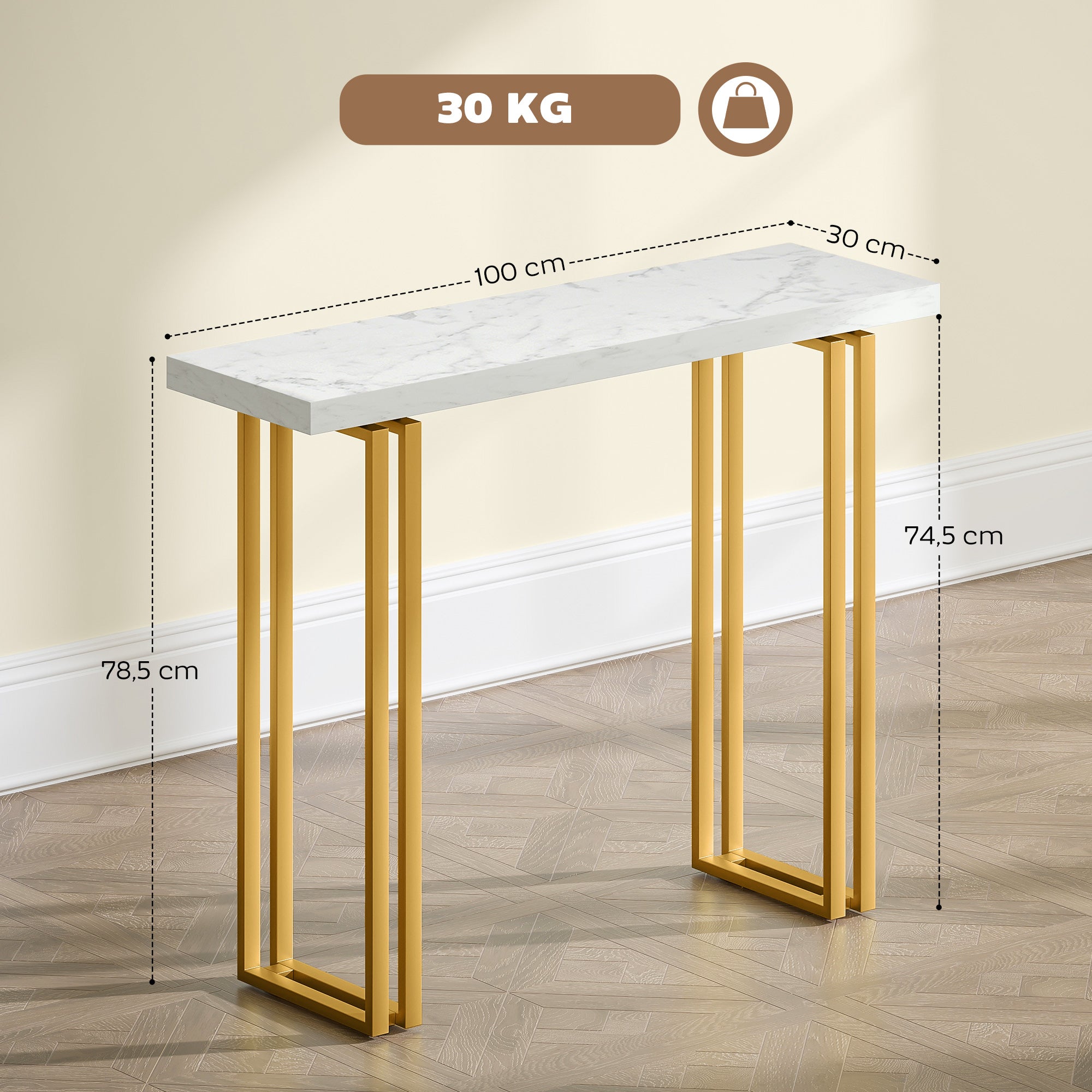 Console Table, Entryway Console with Marble-Effect Top, Steel Frame, Slim Modern Design, Sofa Table for Living Room, 39.4 x 11.8 x 30.9 in, White & Gold