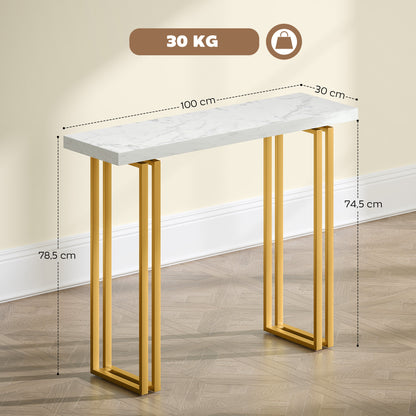 Console Table, Entryway Console with Marble-Effect Top, Steel Frame, Slim Modern Design, Sofa Table for Living Room, 39.4 x 11.8 x 30.9 in, White & Gold