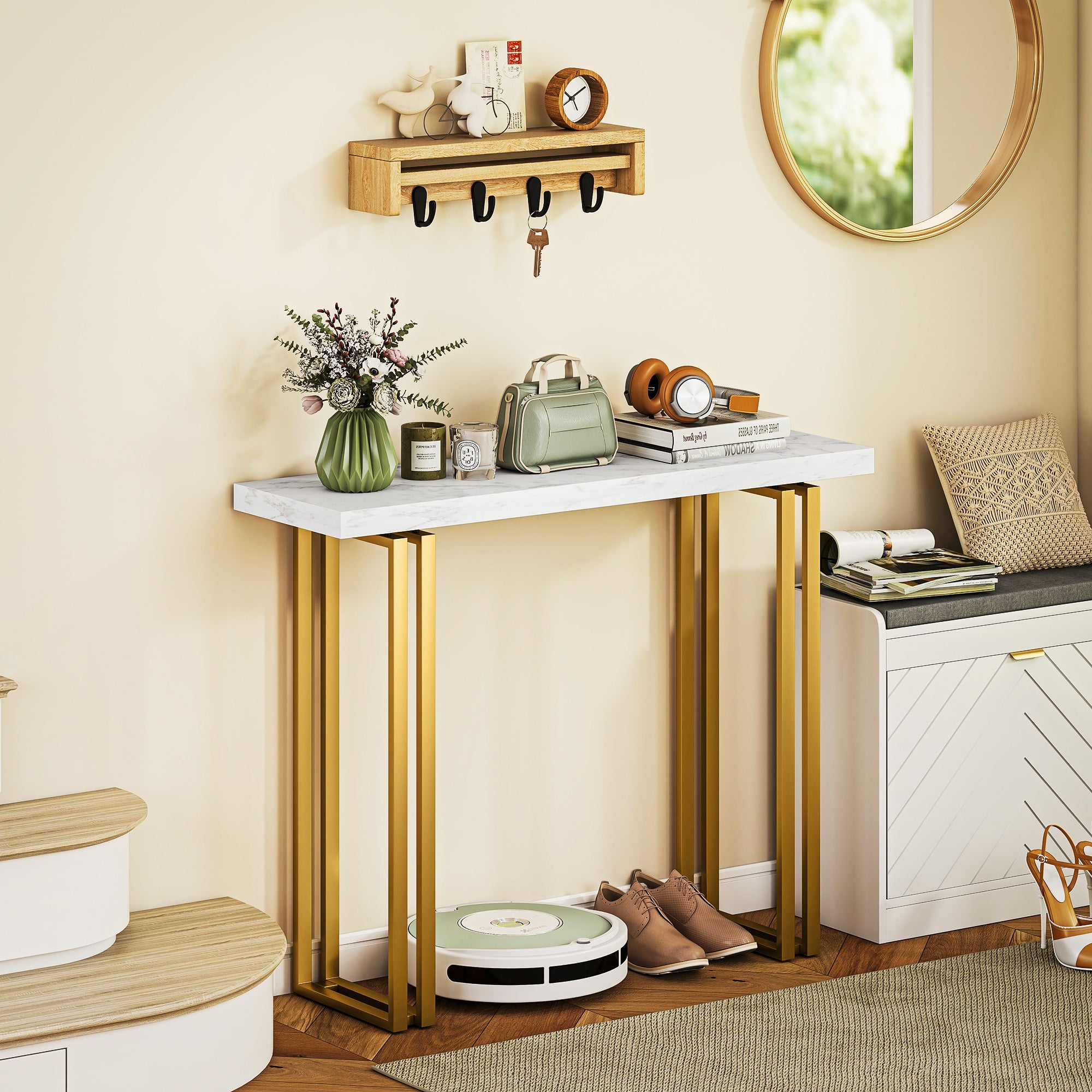 Console Table, Entryway Console with Marble-Effect Top, Steel Frame, Slim Modern Design, Sofa Table for Living Room, 39.4 x 11.8 x 30.9 in, White & Gold