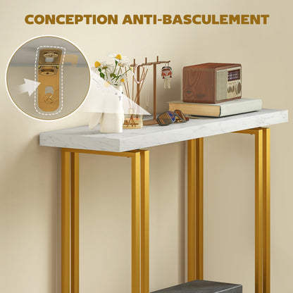 Console Table, Entryway Console with Marble-Effect Top, Steel Frame, Slim Modern Design, Sofa Table for Living Room, 39.4 x 11.8 x 30.9 in, White & Gold
