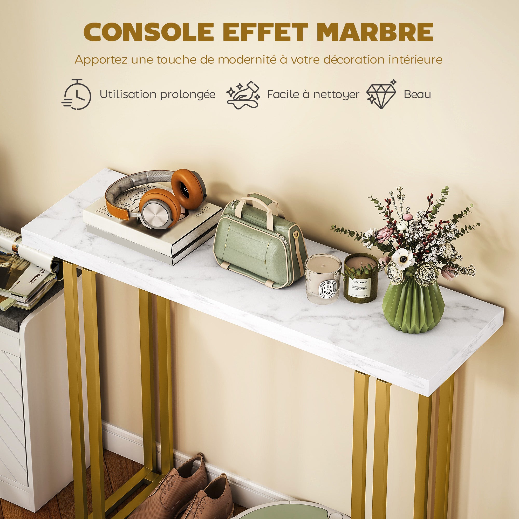 Console Table, Entryway Console with Marble-Effect Top, Steel Frame, Slim Modern Design, Sofa Table for Living Room, 39.4 x 11.8 x 30.9 in, White & Gold