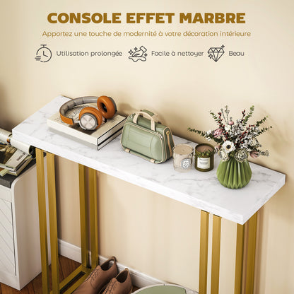 Console Table, Entryway Console with Marble-Effect Top, Steel Frame, Slim Modern Design, Sofa Table for Living Room, 39.4 x 11.8 x 30.9 in, White & Gold