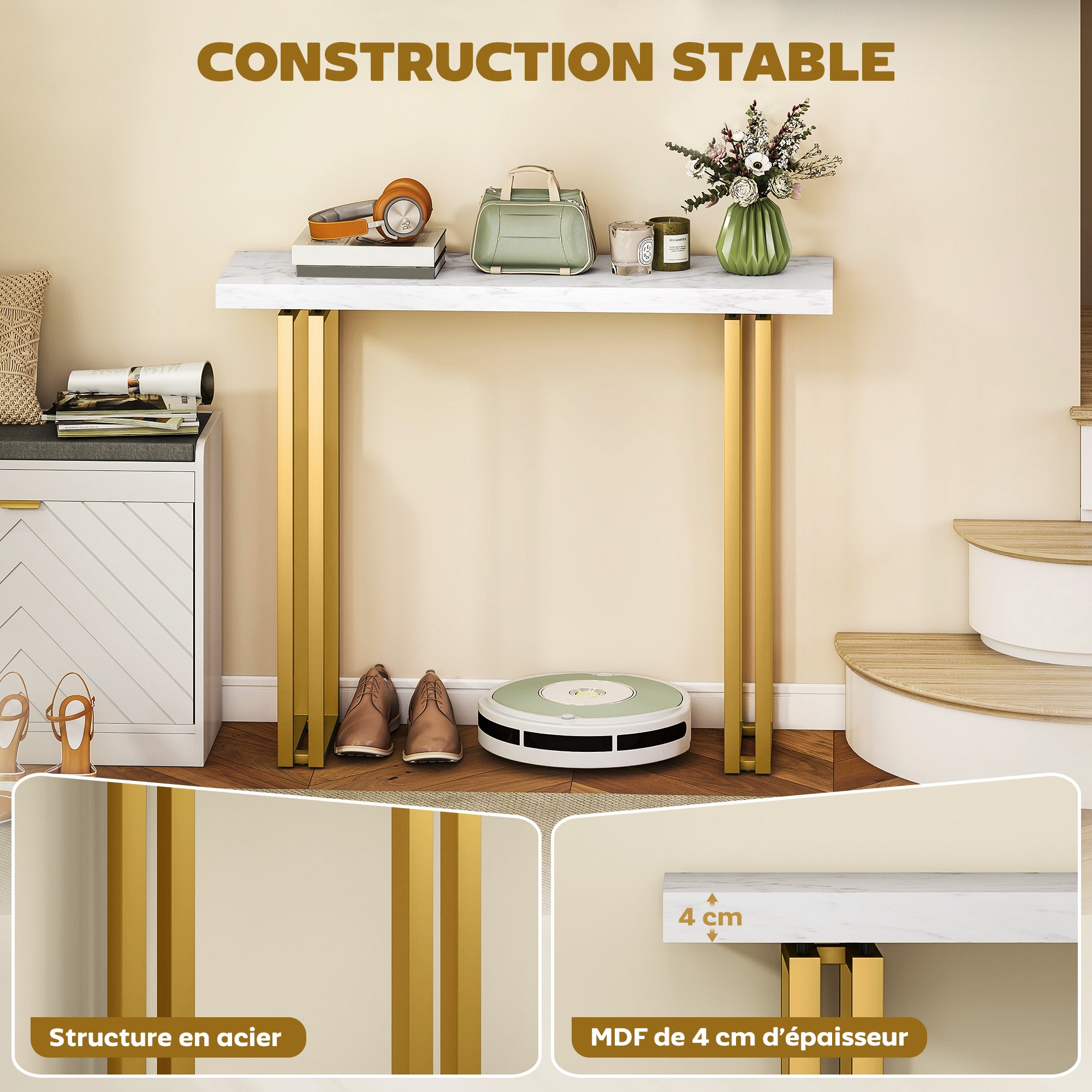 Console Table, Entryway Console with Marble-Effect Top, Steel Frame, Slim Modern Design, Sofa Table for Living Room, 39.4 x 11.8 x 30.9 in, White & Gold