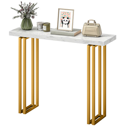 Console Table, Entryway Console with Marble-Effect Top, Steel Frame, Slim Modern Design, Sofa Table for Living Room, 39.4 x 11.8 x 30.9 in, White & Gold