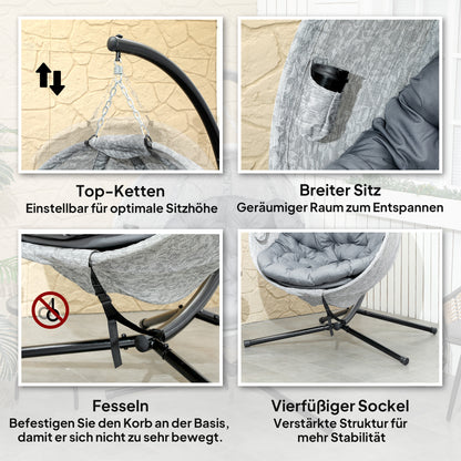 Hanging Chair with Stand, Egg-shaped Swing Chair with Seat Cushions, Foldable Hammock for Outdoor Swing Chair Indoor Outdoor, Patio, Garden, Grey