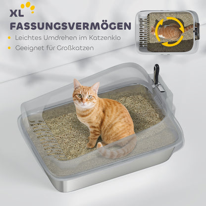 Stainless Steel Open Cat Litter Box – High-Rim XXL with Scoop for Large Cats up to 15.4 lb | 23.7 x 15.8 x 11.7 in (Gray)