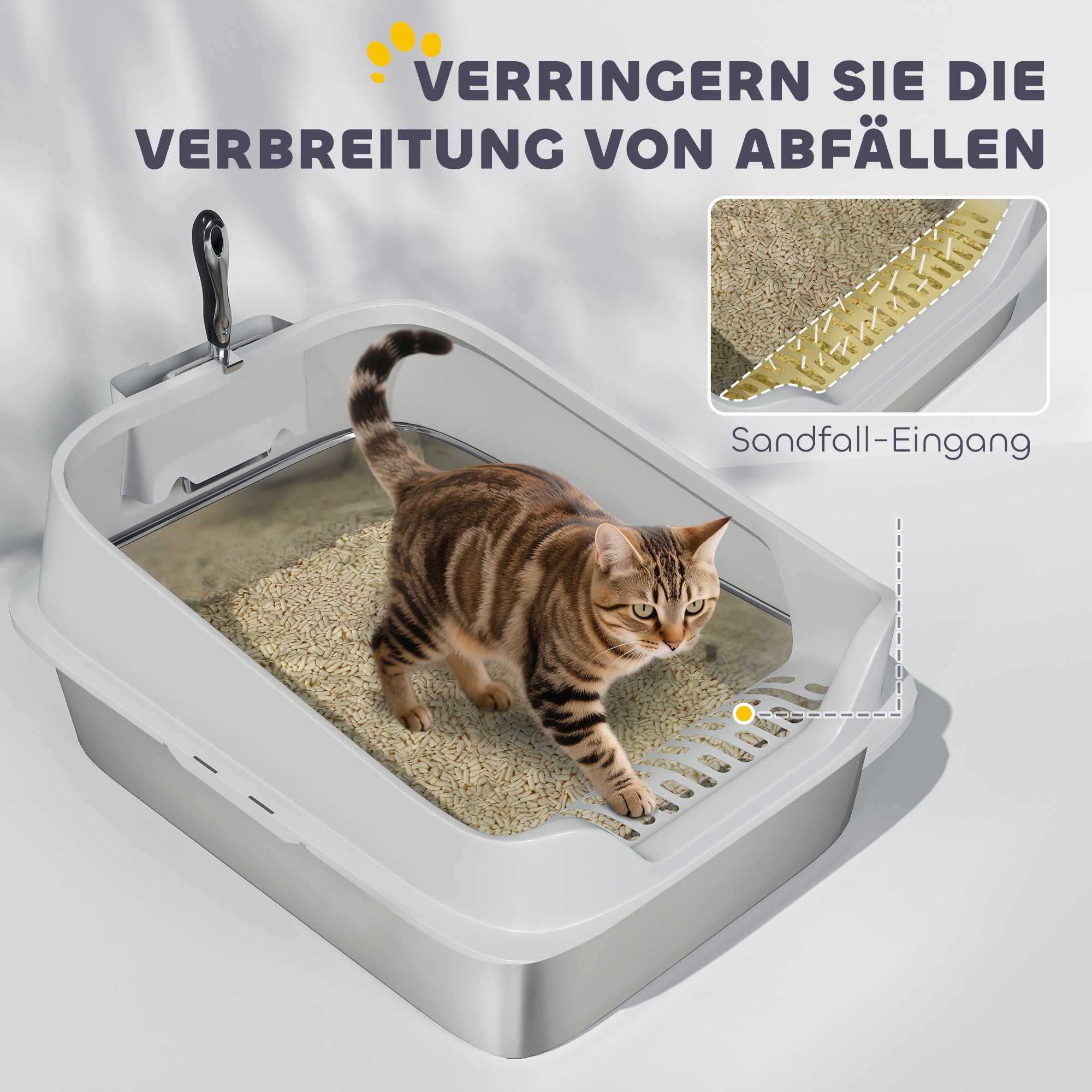 Stainless Steel Open Cat Litter Box – High-Rim XXL with Scoop for Large Cats up to 15.4 lb | 23.7 x 15.8 x 11.7 in (Gray)