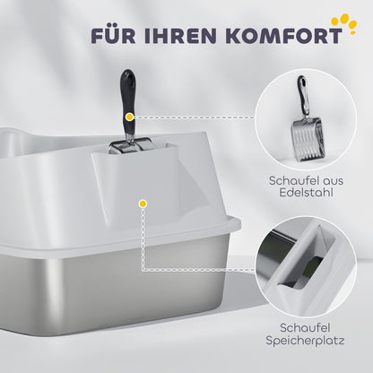 Stainless Steel Open Cat Litter Box – High-Rim XXL with Scoop for Large Cats up to 15.4 lb | 23.7 x 15.8 x 11.7 in (Gray)
