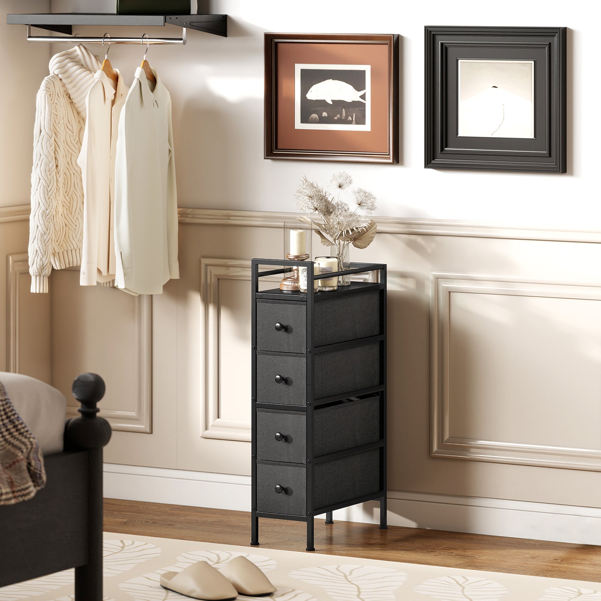 Narrow 4-Drawer Fabric Dresser with Steel Frame – Modern Storage Cabinet for Bedroom & Living Room, Black