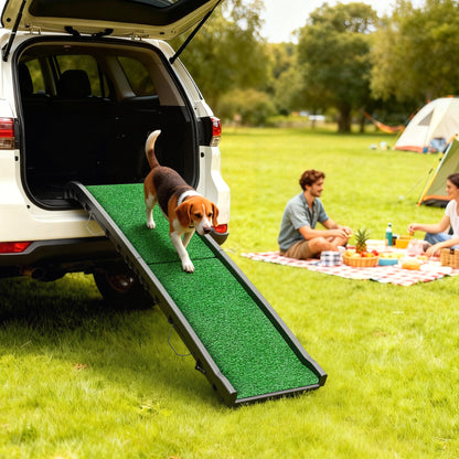 Dog Ramp with Artificial Turf, 61 in — Foldable Car Ramp with Handle, Adjustable Angle, Non-Slip, For All Breeds, Bed & Sofa (Green)