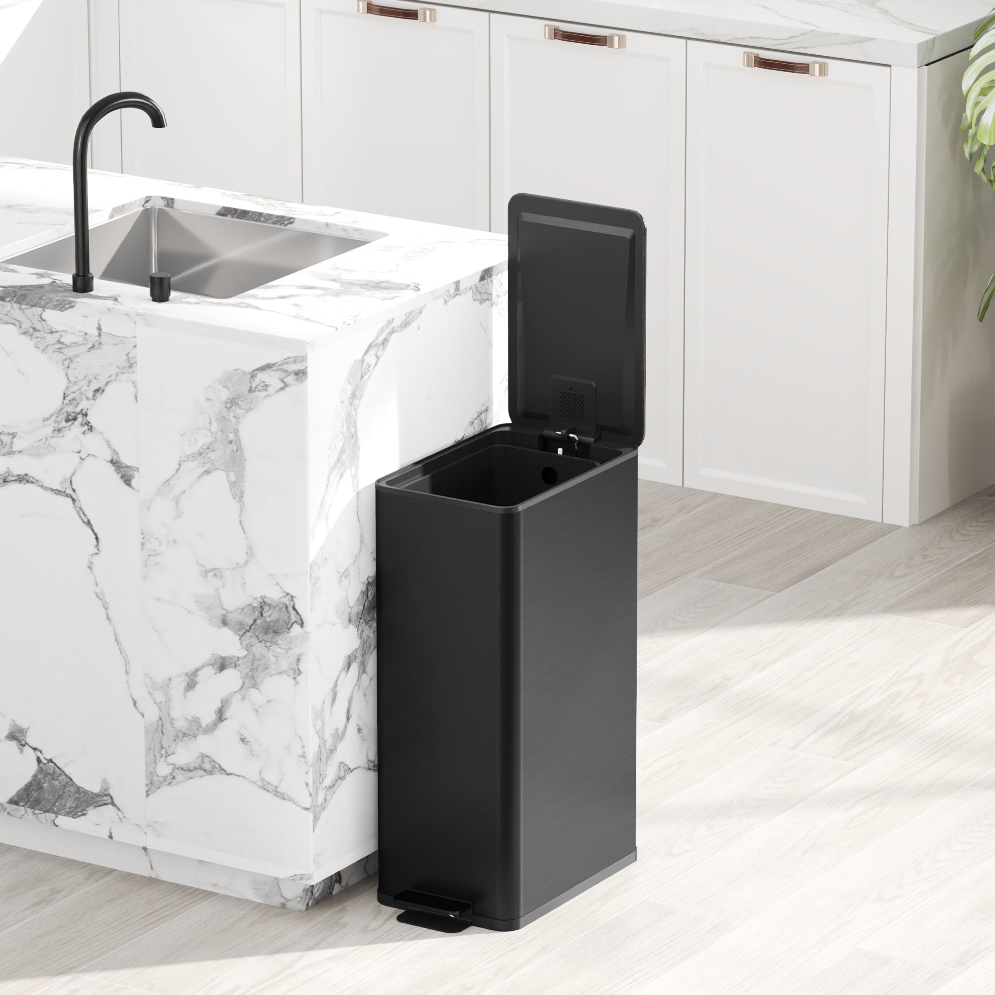 20 L (5.3 gal) Step Trash Can with Soft-Close Lid and Pedal, Includes Removable Inner Bucket — Stainless Steel, Black, 21.5 x 37.2 x 57 cm (8.5 x 14.6 x 22.4 in)