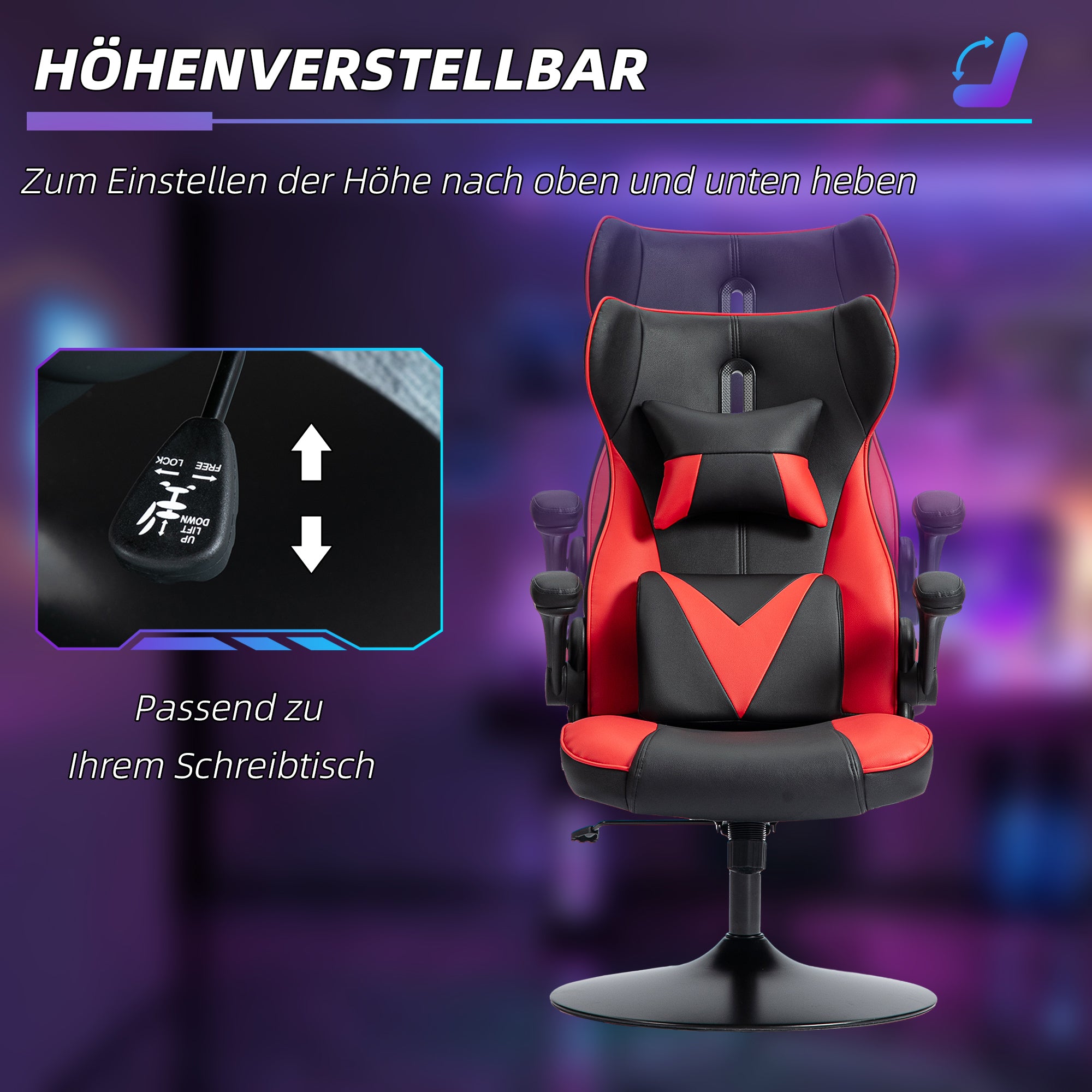 Gaming Chair with Rocking Function, Ergonomic Office Chair, Height Adjustable Desk Chair, Rotating Computer Chair with Head and Lumbar Cushions, up to 120 kg Capacity, Black+Red