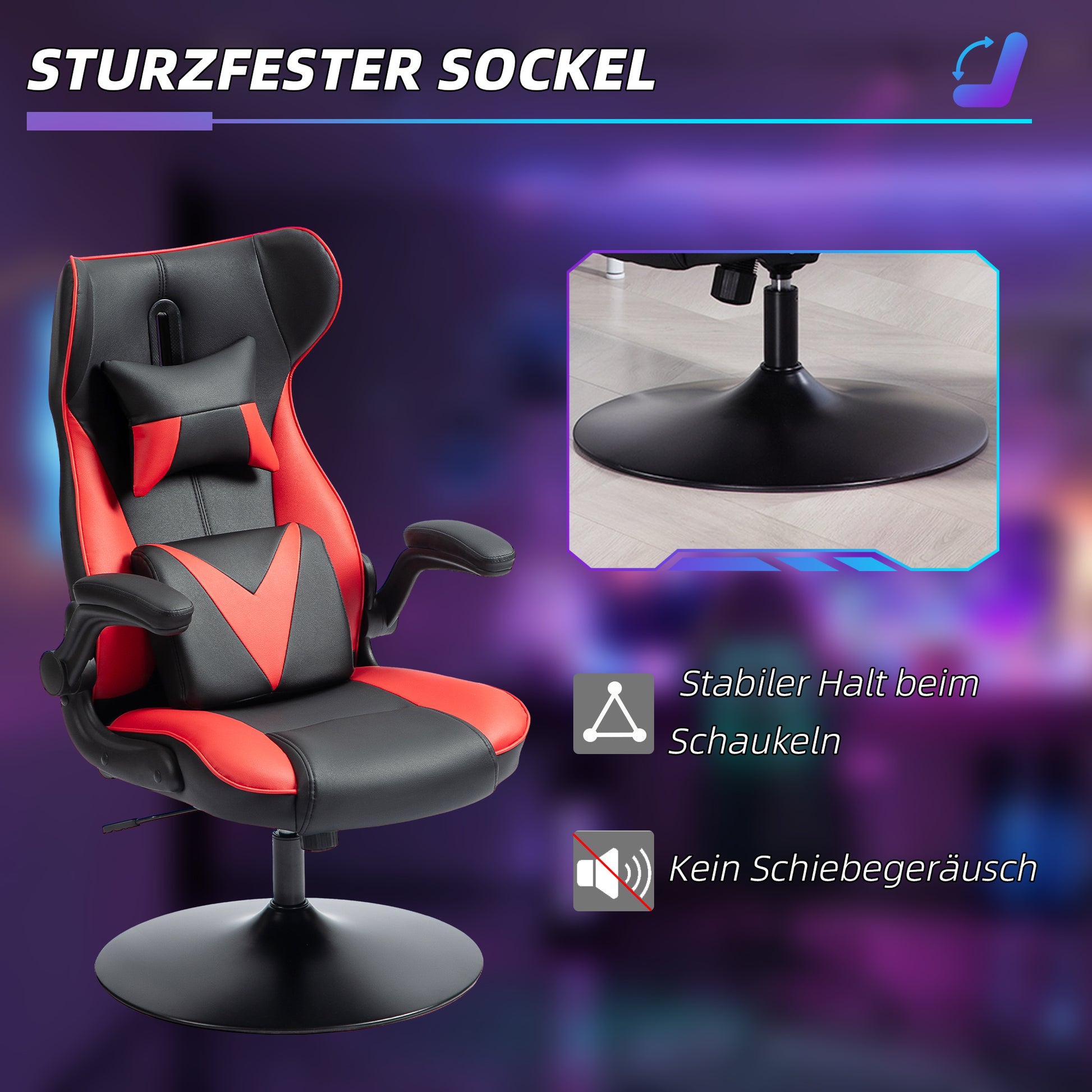 Gaming Chair with Rocking Function, Ergonomic Office Chair, Height Adjustable Desk Chair, Rotating Computer Chair with Head and Lumbar Cushions, up to 120 kg Capacity, Black+Red