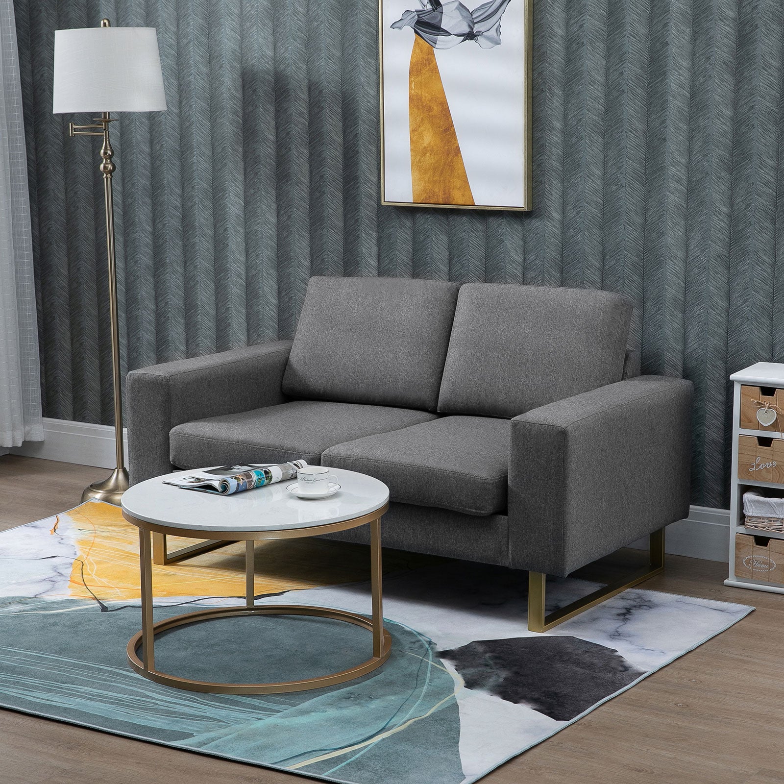 2 Seater Sofa Double Sofa Fabric Sofa with Cushions Armrest Linen Look for Bedroom 145 x 82 x 78 cm Dark Gray