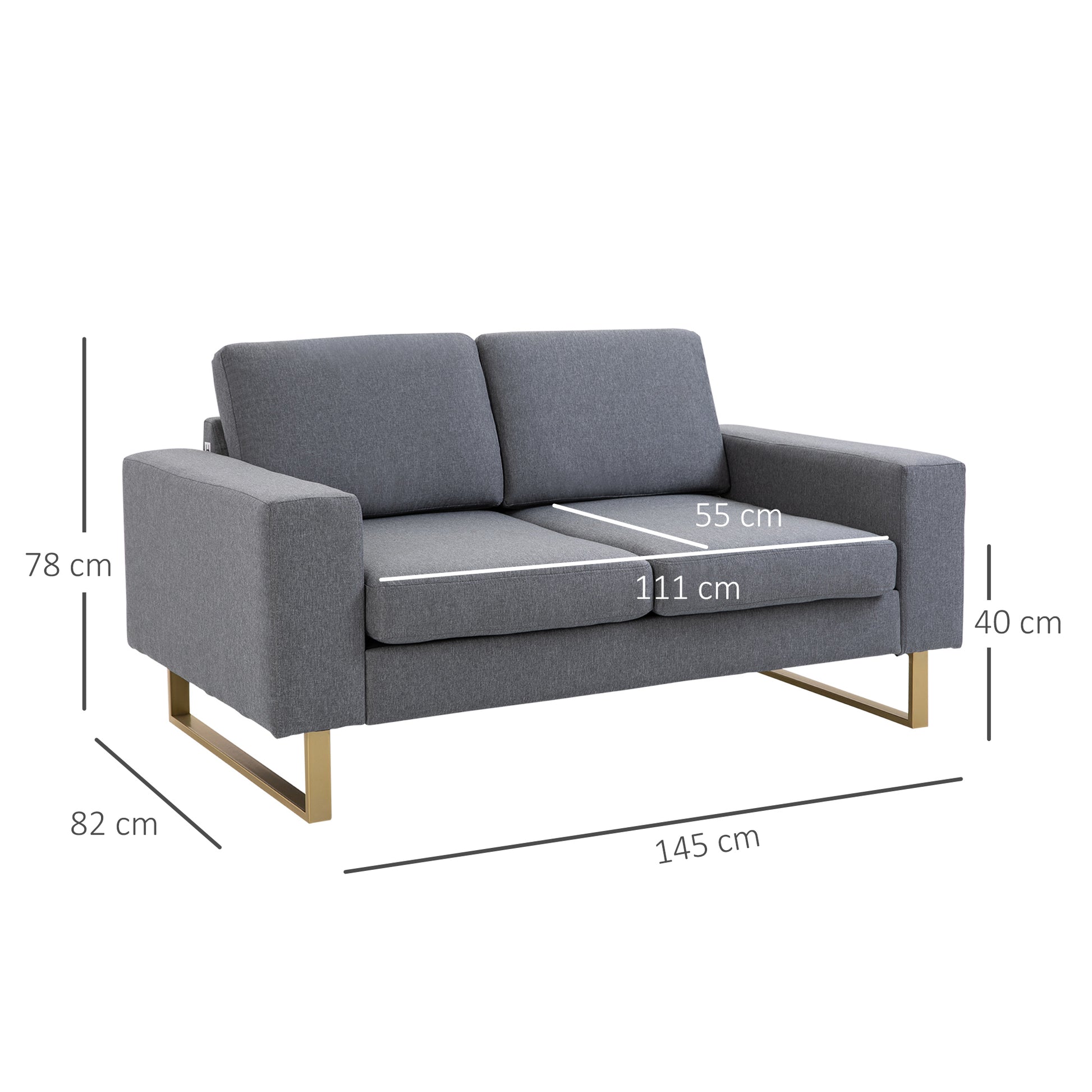 2 Seater Sofa Double Sofa Fabric Sofa with Cushions Armrest Linen Look for Bedroom 145 x 82 x 78 cm Dark Gray