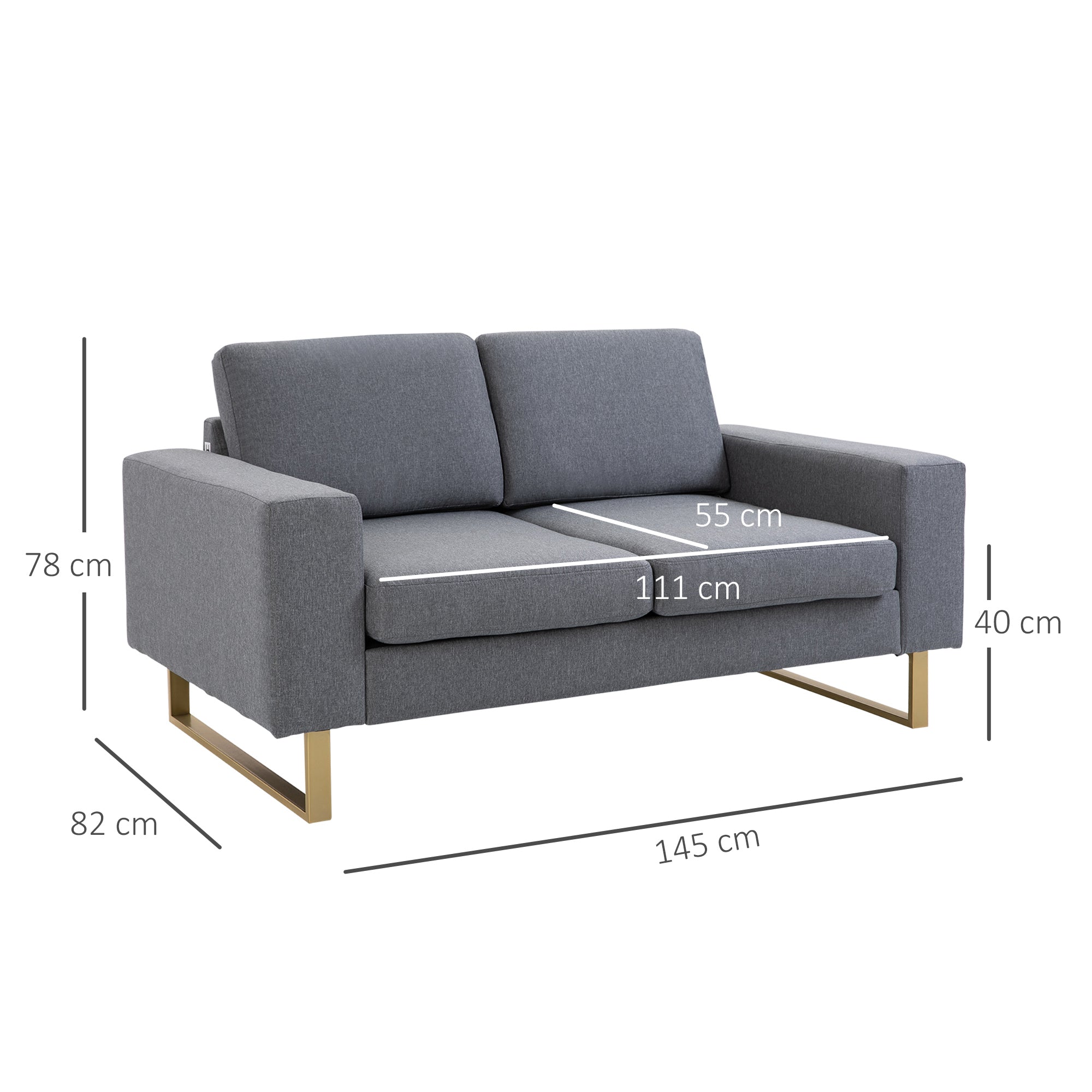 2 Seater Sofa Double Sofa Fabric Sofa with Cushions Armrest Linen Look for Bedroom 145 x 82 x 78 cm Dark Gray