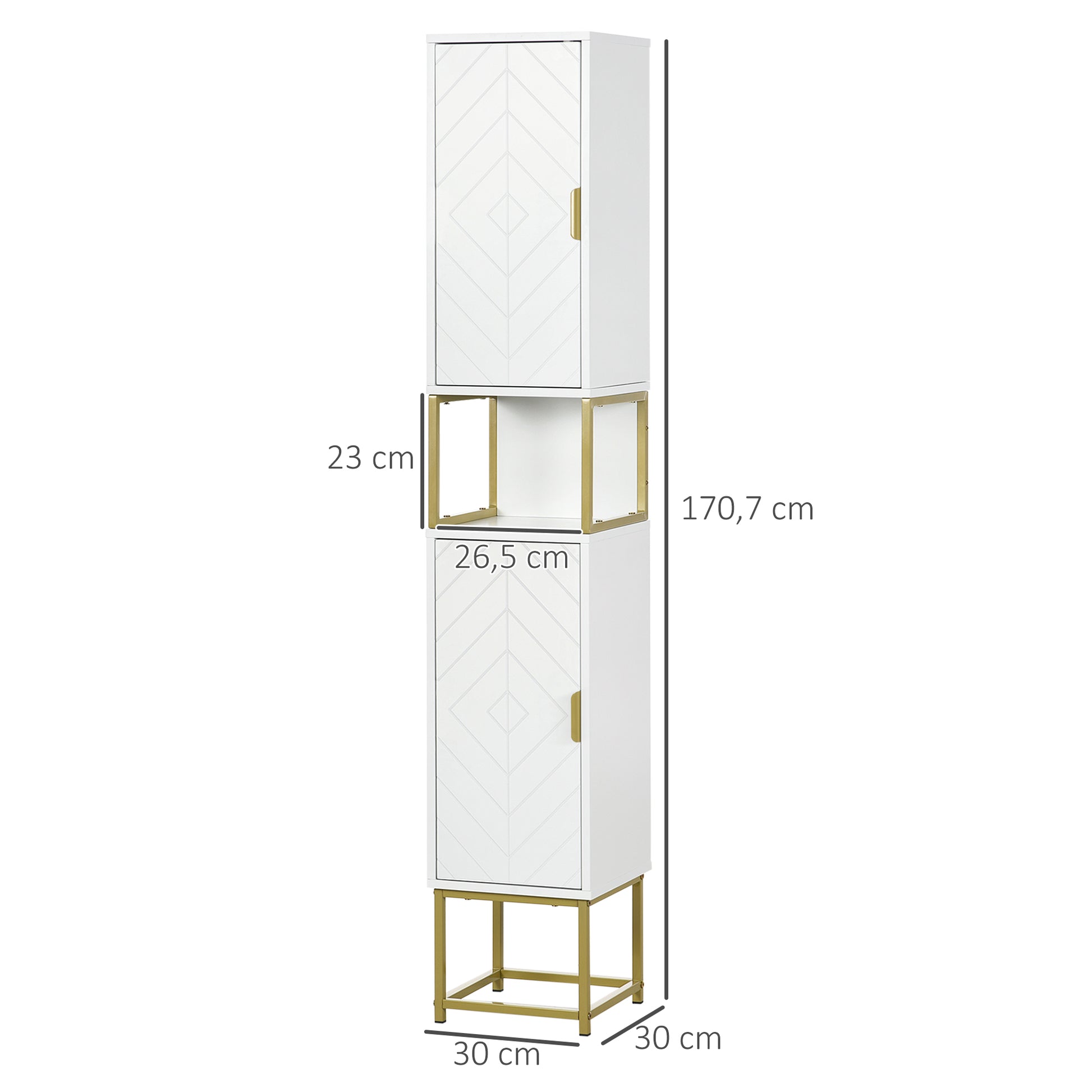 Bathroom Storage Column with Niche and 2 Cabinets Adjustable Shelf Golden Steel Feet 30L x 30W x 170.7H cm White