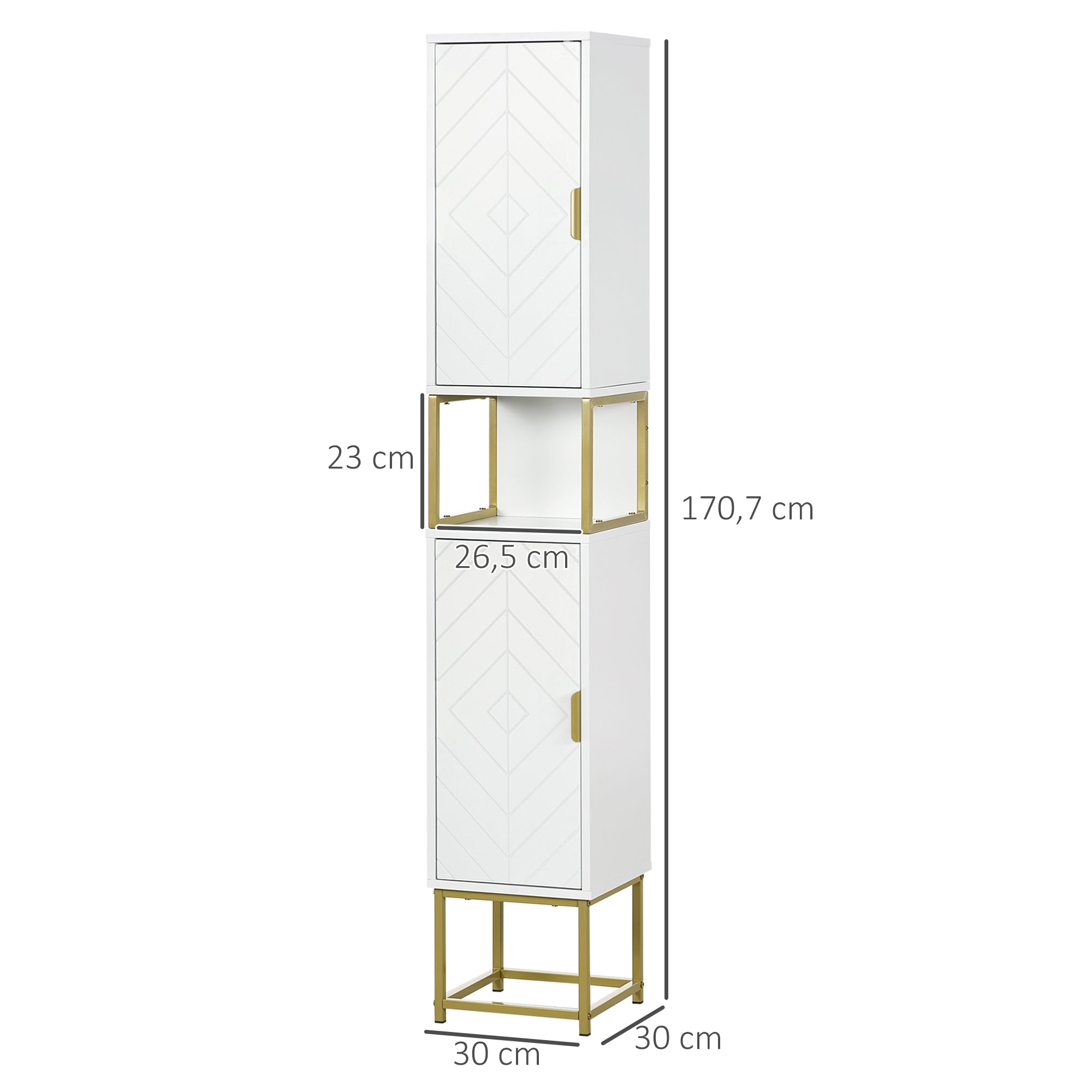 Bathroom Storage Column with Niche and 2 Cabinets Adjustable Shelf Golden Steel Feet 30L x 30W x 170.7H cm White