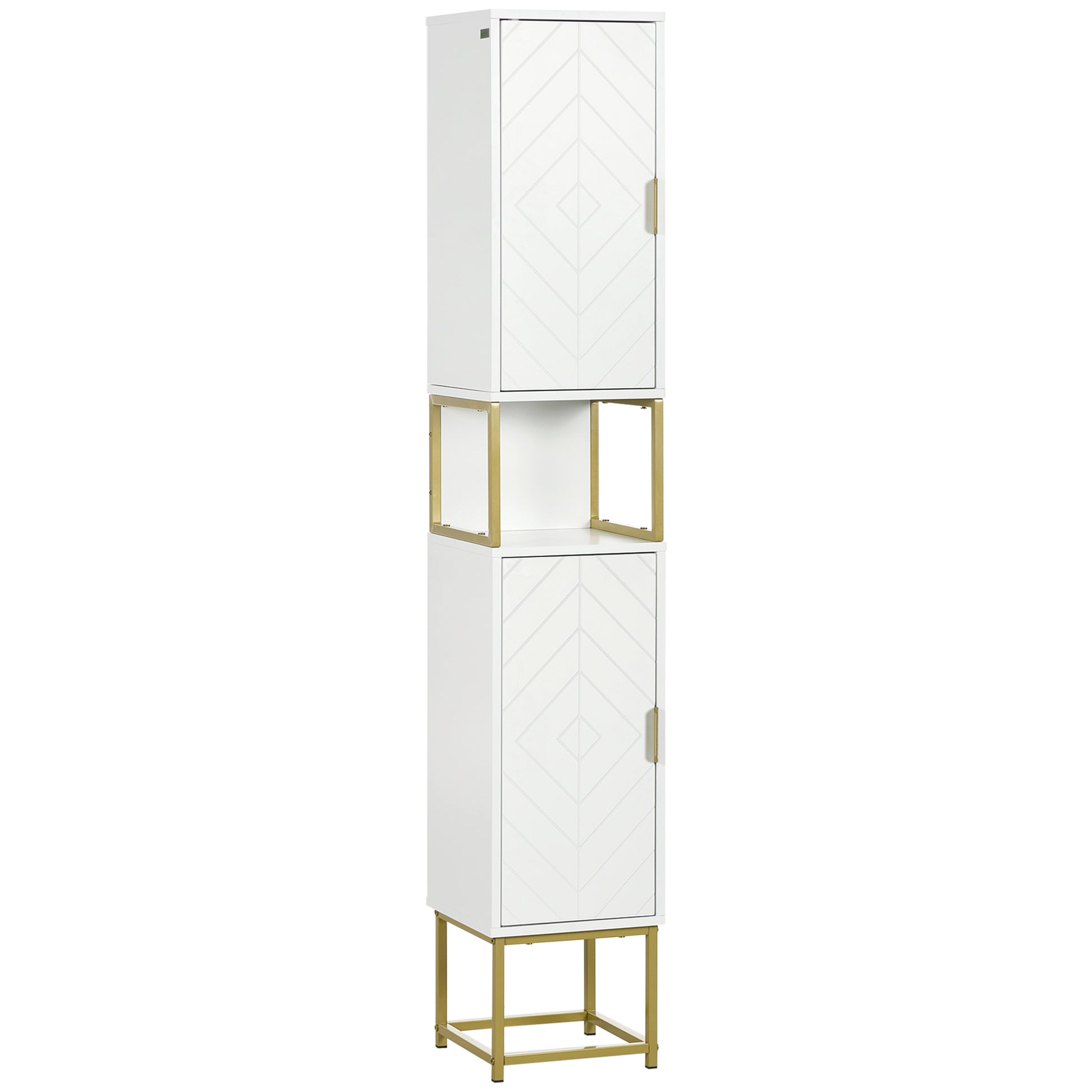 Bathroom Storage Column with Niche and 2 Cabinets Adjustable Shelf Golden Steel Feet 30L x 30W x 170.7H cm White
