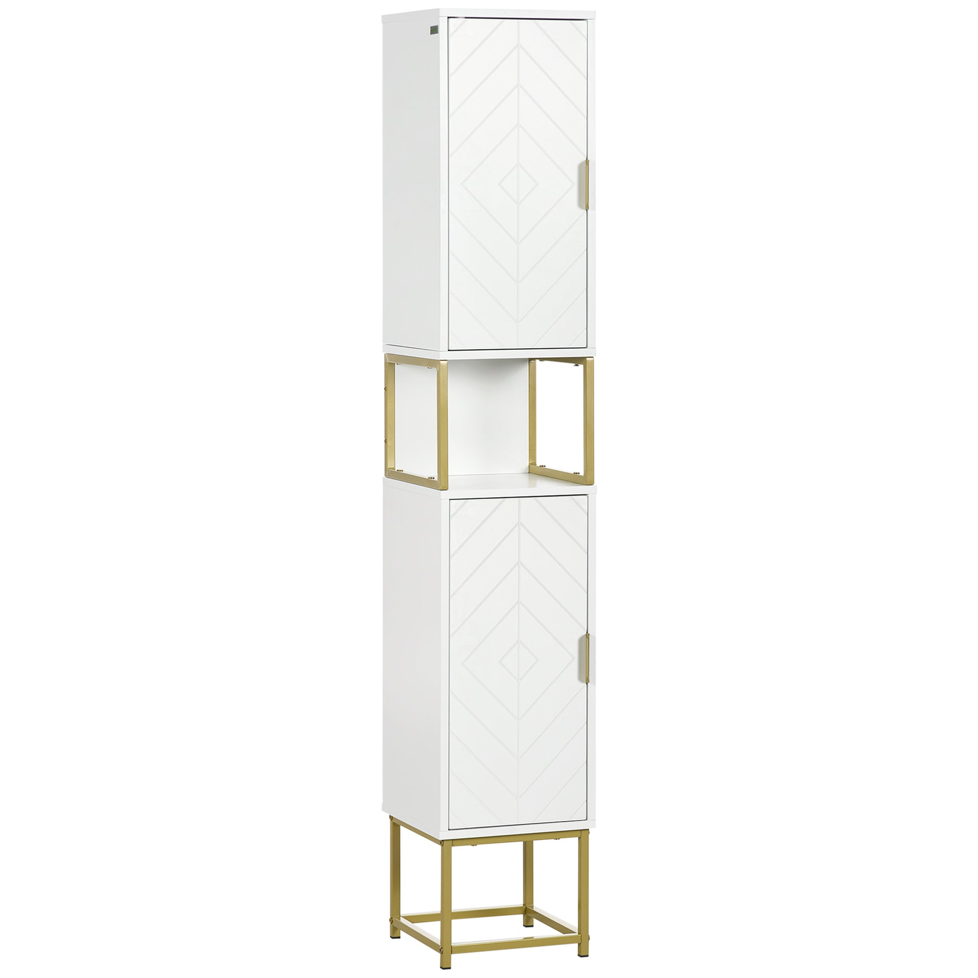 Bathroom Storage Column with Niche and 2 Cabinets Adjustable Shelf Golden Steel Feet 30L x 30W x 170.7H cm White