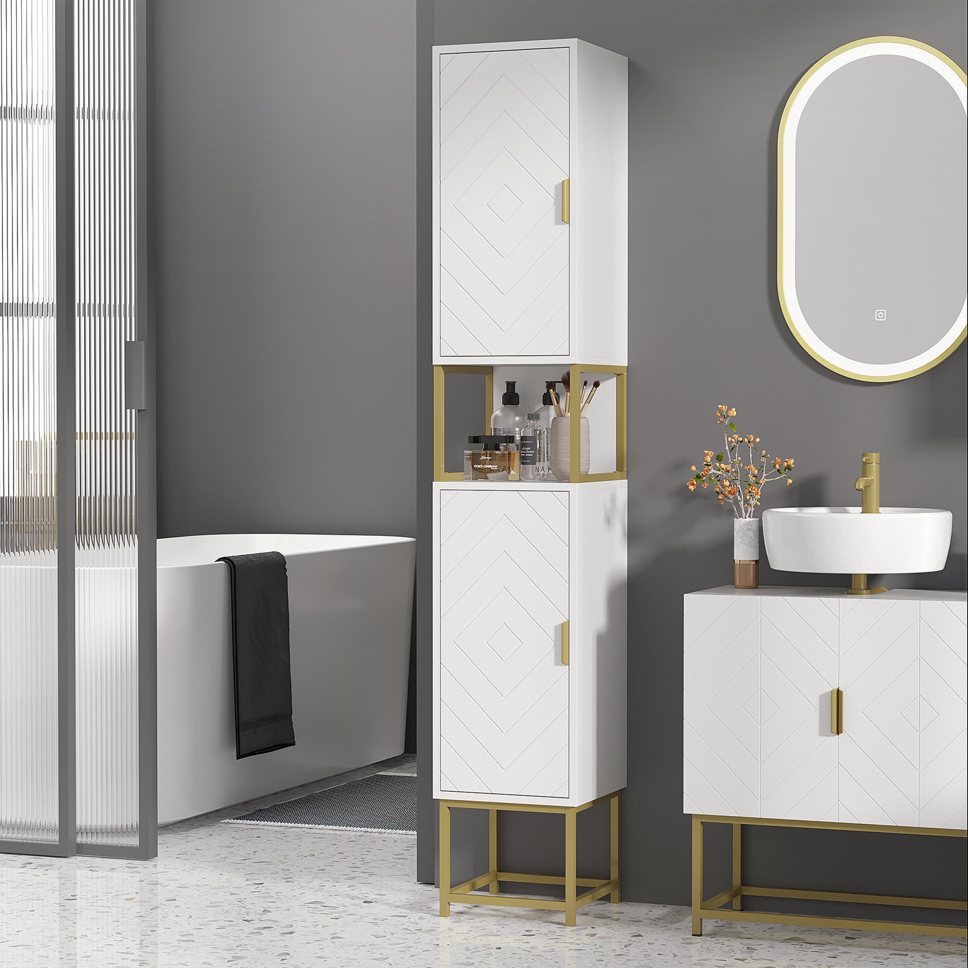 Bathroom Storage Column with Niche and 2 Cabinets Adjustable Shelf Golden Steel Feet 30L x 30W x 170.7H cm White