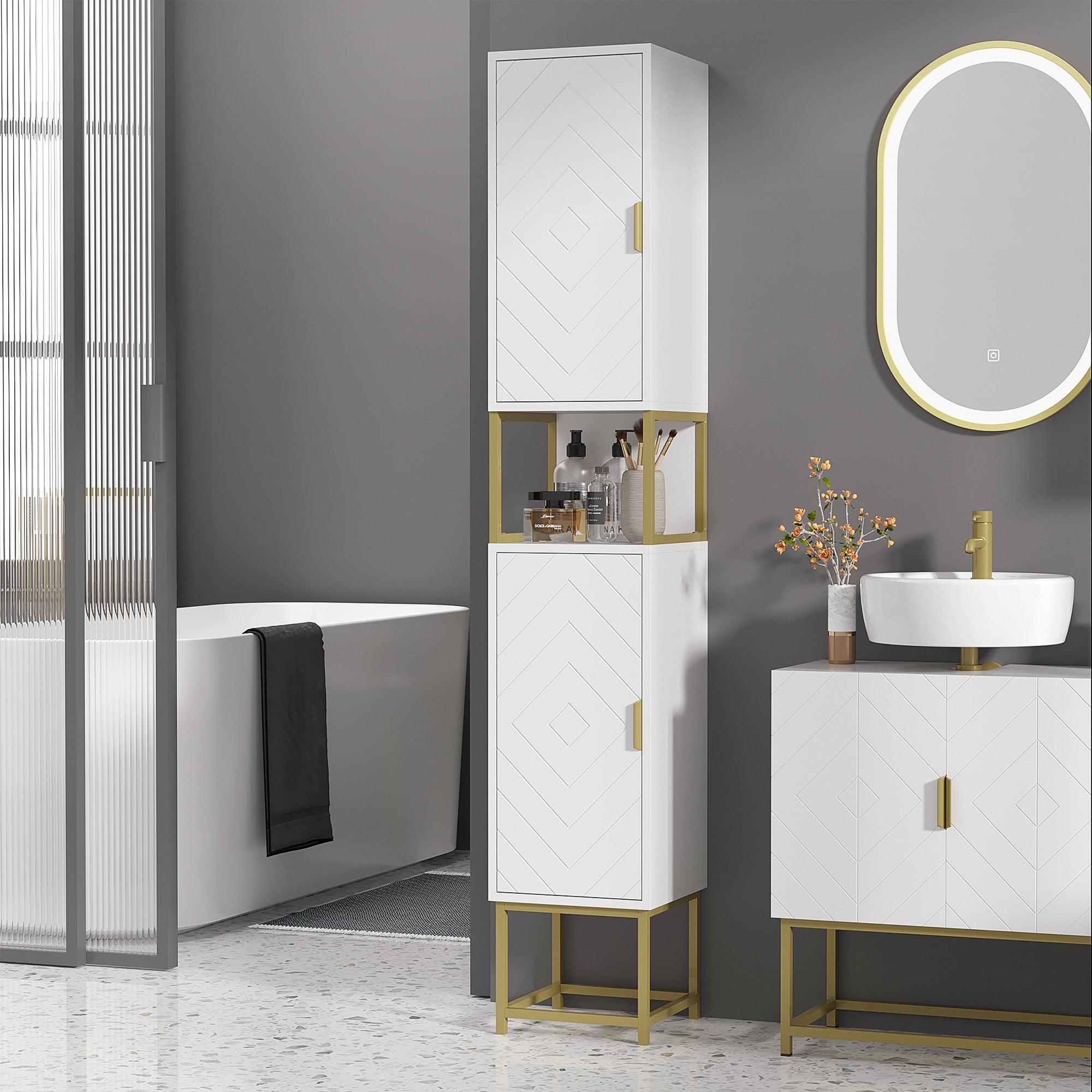 Bathroom Storage Column with Niche and 2 Cabinets Adjustable Shelf Golden Steel Feet 30L x 30W x 170.7H cm White