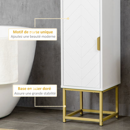 Bathroom Storage Column with Niche and 2 Cabinets Adjustable Shelf Golden Steel Feet 30L x 30W x 170.7H cm White