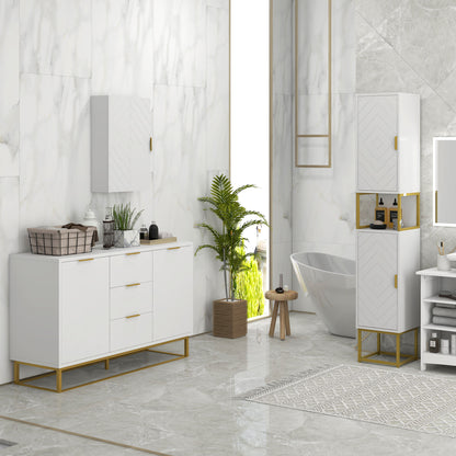 Bathroom Storage Column with Niche and 2 Cabinets Adjustable Shelf Golden Steel Feet 30L x 30W x 170.7H cm White