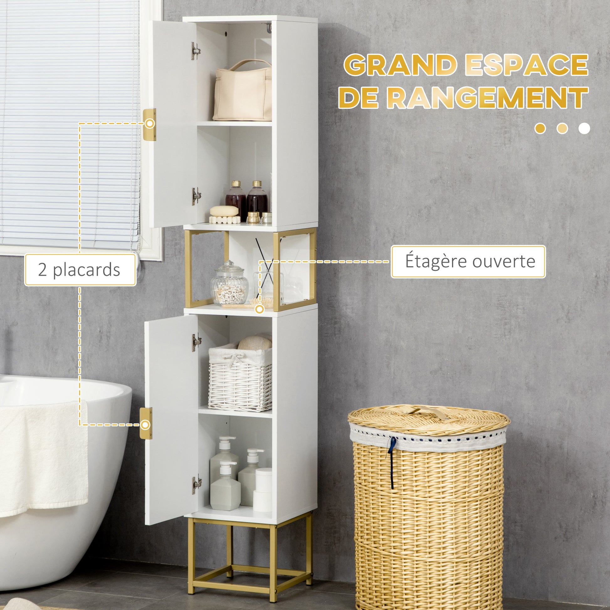 Bathroom Storage Column with Niche and 2 Cabinets Adjustable Shelf Golden Steel Feet 30L x 30W x 170.7H cm White