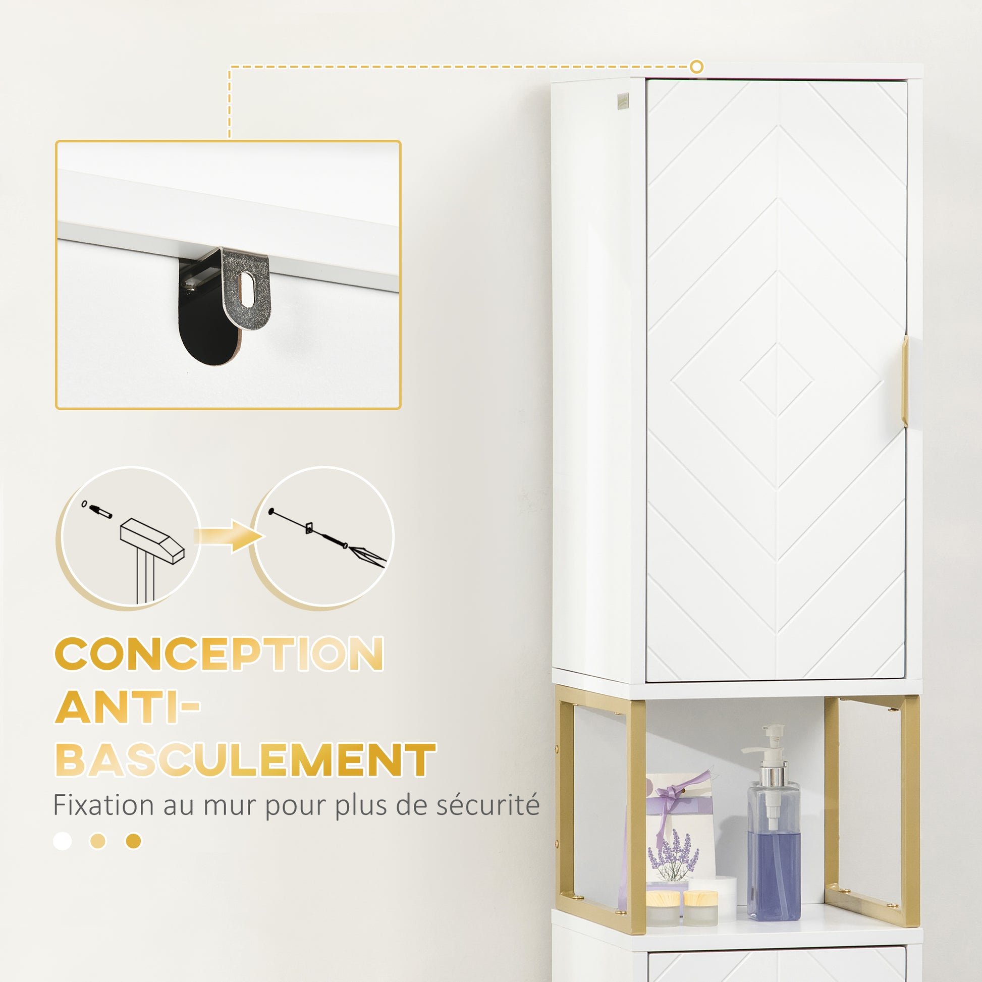 Bathroom Storage Column with Niche and 2 Cabinets Adjustable Shelf Golden Steel Feet 30L x 30W x 170.7H cm White