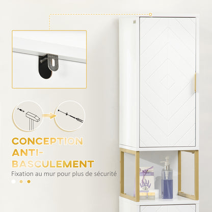 Bathroom Storage Column with Niche and 2 Cabinets Adjustable Shelf Golden Steel Feet 30L x 30W x 170.7H cm White