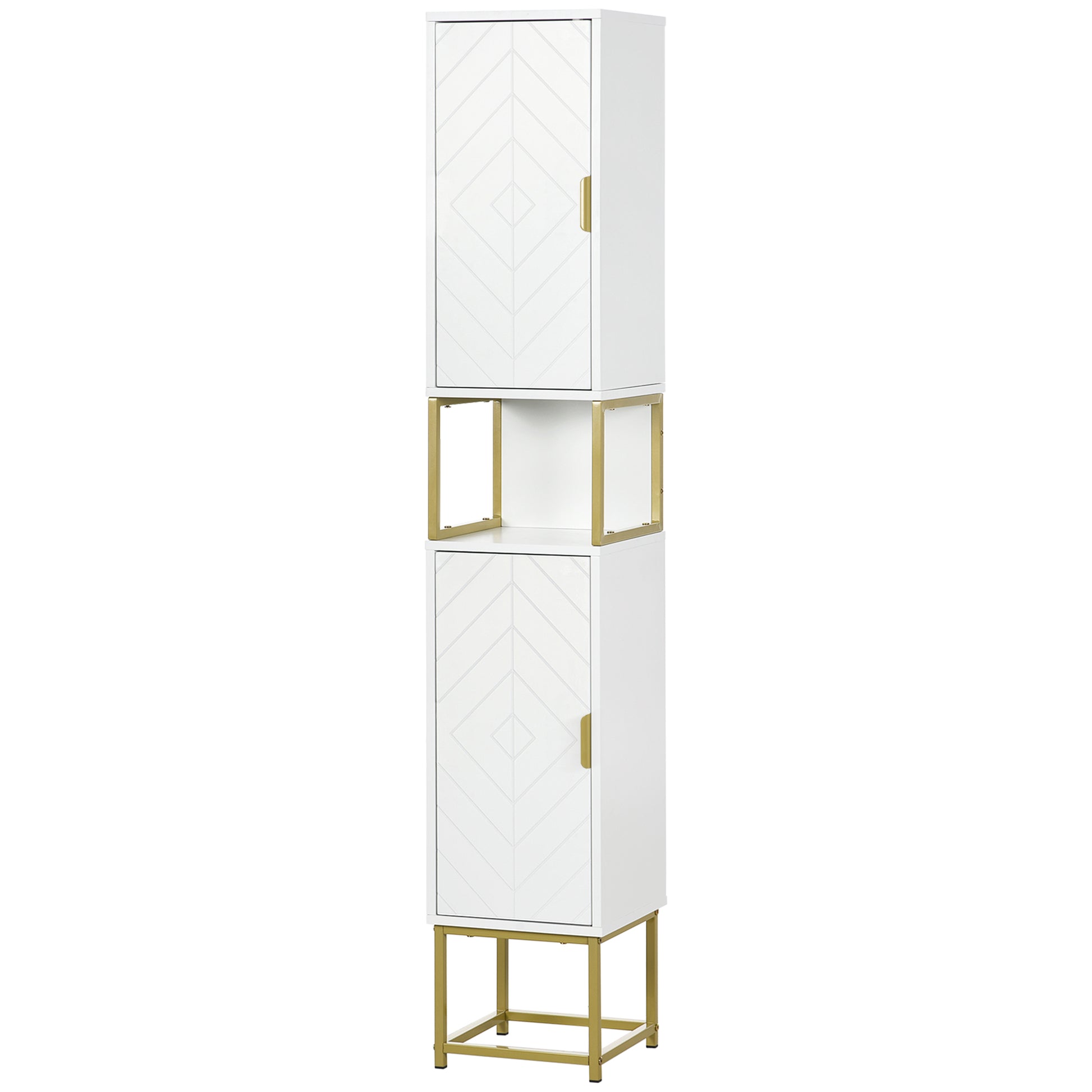 Bathroom Storage Column with Niche and 2 Cabinets Adjustable Shelf Golden Steel Feet 30L x 30W x 170.7H cm White