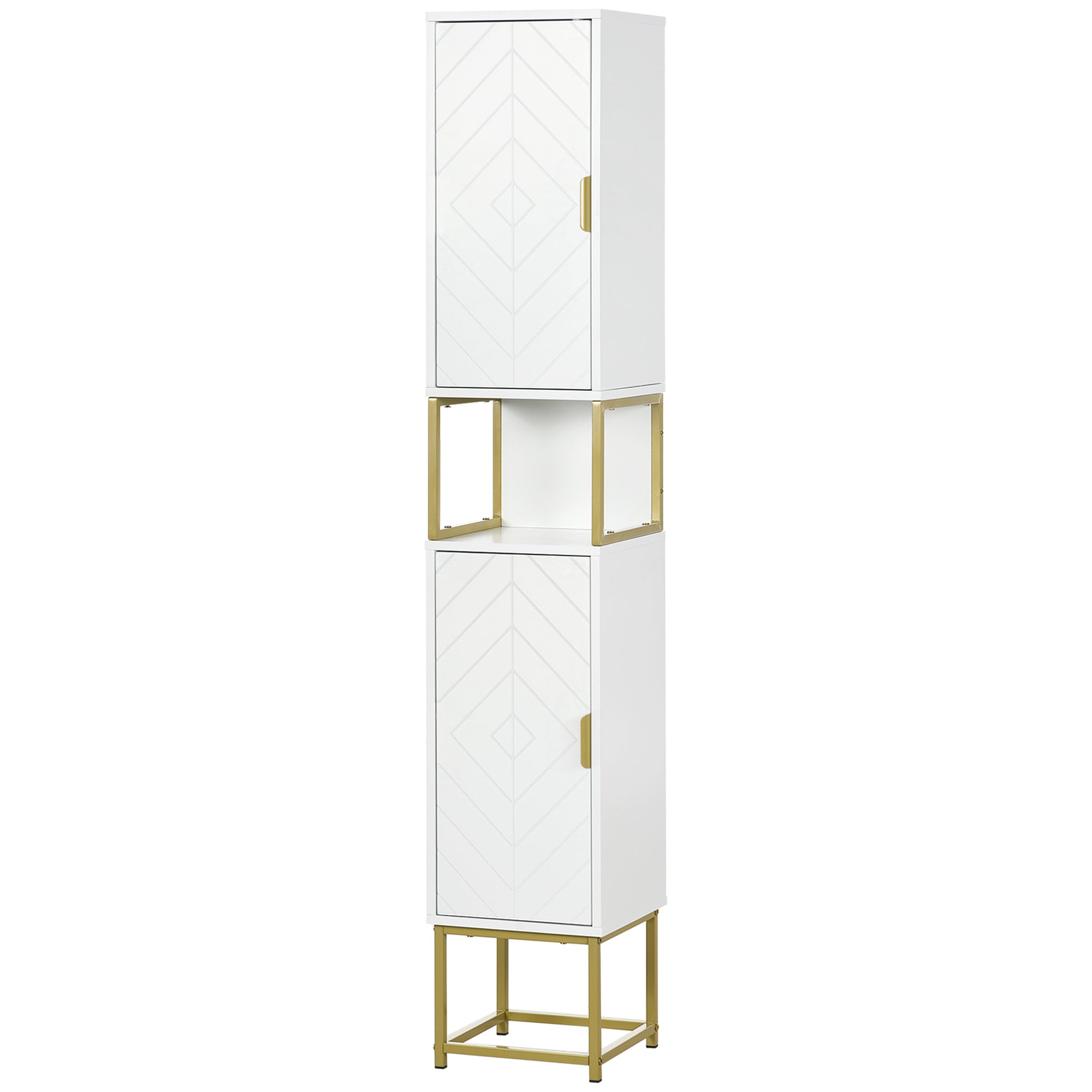 Bathroom Storage Column with Niche and 2 Cabinets Adjustable Shelf Golden Steel Feet 30L x 30W x 170.7H cm White