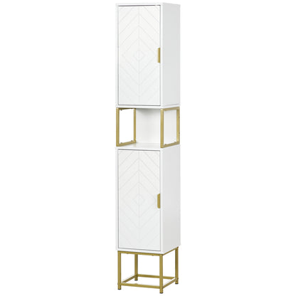 Bathroom Storage Column with Niche and 2 Cabinets Adjustable Shelf Golden Steel Feet 30L x 30W x 170.7H cm White