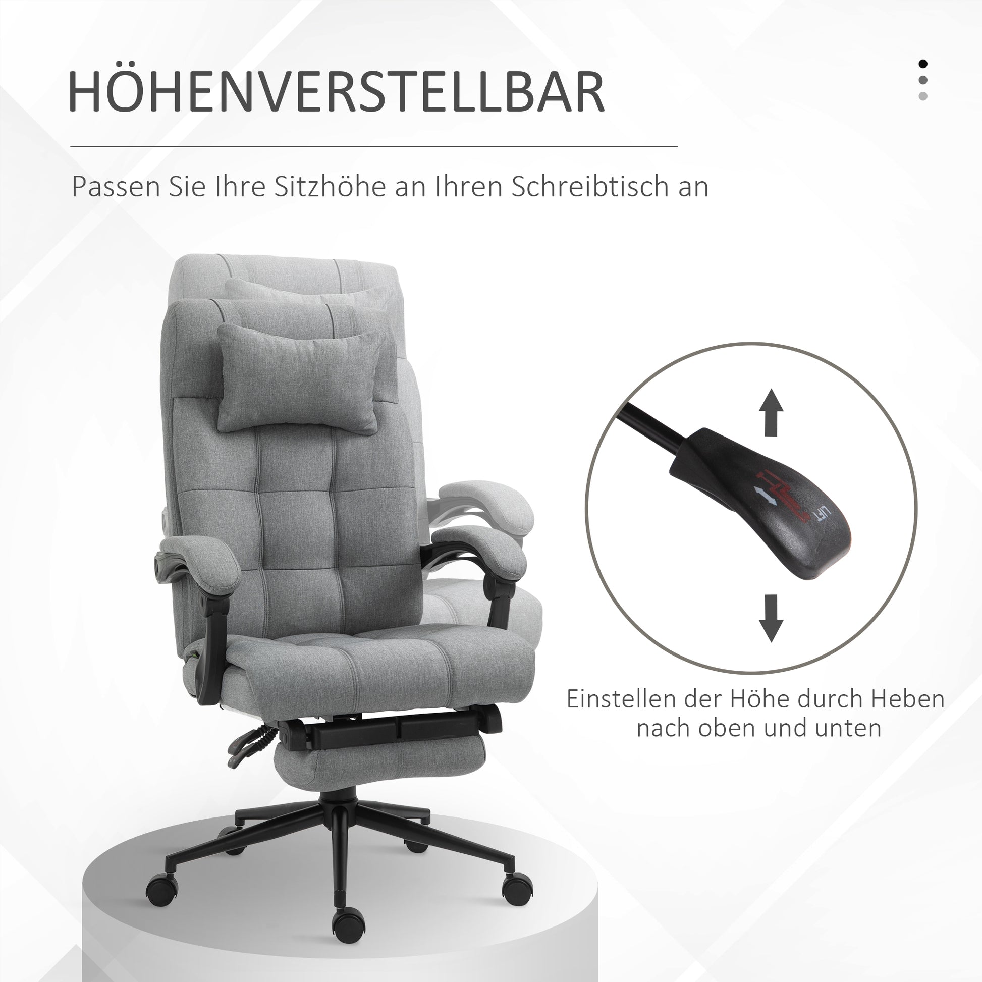 Office Chair Ergonomic Desk Chair with Reclining Function, Headrest, Armrest, Height Adjustable Swivel Chair with Footrest Linen Look Light Grey