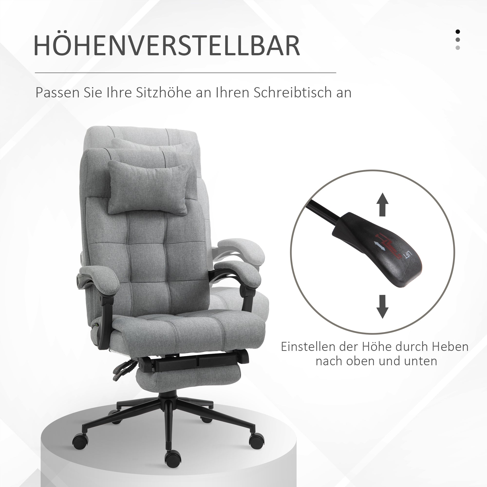 Office Chair Ergonomic Desk Chair with Reclining Function, Headrest, Armrest, Height Adjustable Swivel Chair with Footrest Linen Look Light Grey