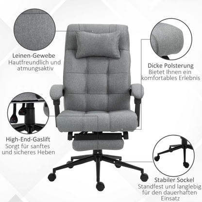 Office Chair Ergonomic Desk Chair with Reclining Function, Headrest, Armrest, Height Adjustable Swivel Chair with Footrest Linen Look Light Grey