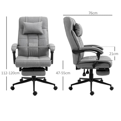 Office Chair Ergonomic Desk Chair with Reclining Function, Headrest, Armrest, Height Adjustable Swivel Chair with Footrest Linen Look Light Grey