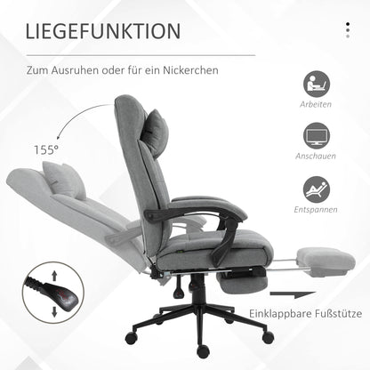 Office Chair Ergonomic Desk Chair with Reclining Function, Headrest, Armrest, Height Adjustable Swivel Chair with Footrest Linen Look Light Grey